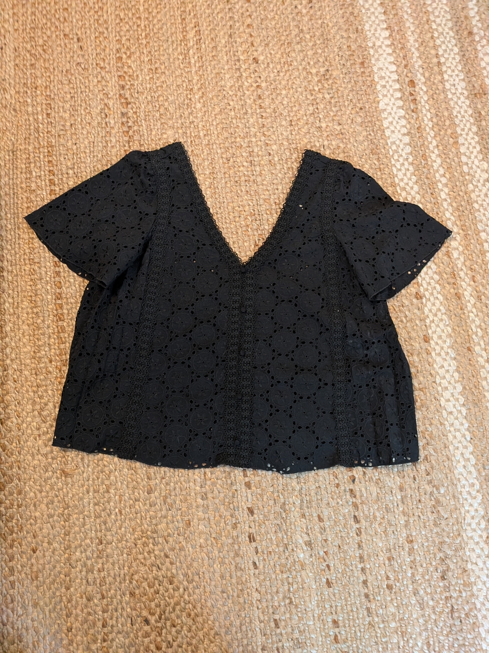 Sezane Women's Black Eyelet V-Neck Top
